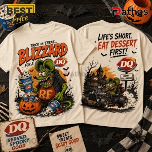 Rat Fink DQ Blizzard Halloween T-Shirt with front and back graphic prints on a cream colored cotton tee.