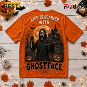 Ghostface Orange Halloween 2026 T-Shirt featuring a hooded figure with a knife before a haunted mansion and full moon.