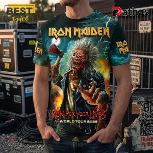 Iron Maiden graphic t-shirt featuring Eddie the mascot with an axe, lightning, and Run For Your Lives World Tour 2026 text.!