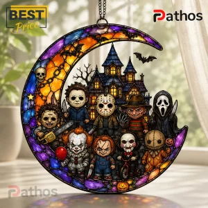 Horror Movie Killers Stained Glass Halloween Suncatcher 1 Horror Movie Killers Stained Glass Halloween Suncatcher featuring iconic slashers inside a purple and orange crescent moon.