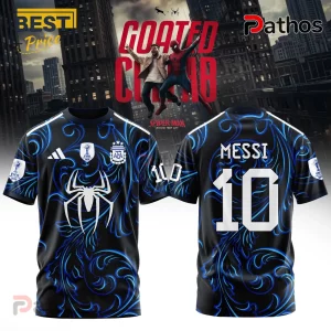 Black and blue swirl patterned Messi soccer jersey with white Spider-Man emblem, number 10, and FIFA 2026 patches.!