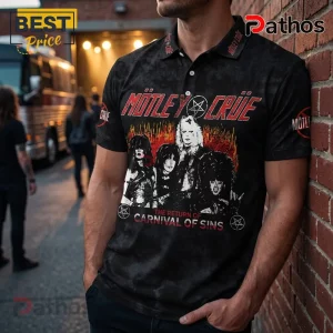 Motley Crue Carnival of Sins 2026 Tour Black Polo Shirt 3 Motley Crue Carnival of Sins 2026 Tour black polo shirt featuring band member graphics and red fire print on fabric.