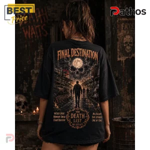 Final Destination The Death List Horror Movie T-Shirt 4 Black oversized t-shirt featuring Final Destination horror movie graphic, moon, skull, and dark distressed road imagery.!
