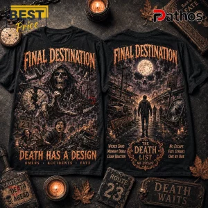 Black graphic t-shirt featuring Final Destination horror movie art, including a skull, clock, airplane, and road scenes.!