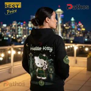 Seattle Storm x Hello Kitty black pullover hoodie featuring a green basketball jersey and Seattle skyline graphic on back.