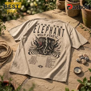 Tan cotton t-shirt with Cage The Elephant Wild Static graphic, elephant head illustration, and 2025 concert city list.!