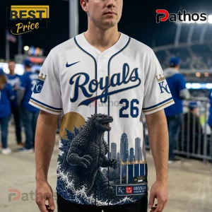Kansas City Royals x Godzilla Minus One baseball jersey featuring a Godzilla graphic over a city skyline on white fabric.