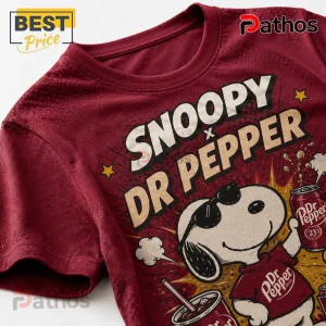 Snoopy x Dr Pepper Limited Edition Maroon T-Shirt featuring a graphic of Snoopy wearing sunglasses with soda branding.