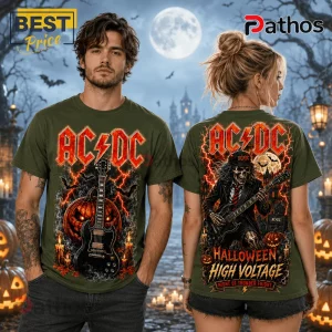 AC/DC High Voltage Pumpkin Skeleton T-Shirt in olive green featuring a guitar, glowing jack-o'-lantern, and lightning design.