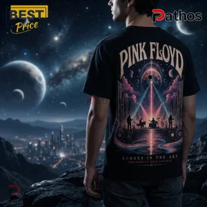 Pink Floyd Echoes In The Sky Black T-Shirt 5 Pink Floyd Echoes In The Sky Black T-Shirt featuring a band silhouette against a cosmic cityscape and crescent moon.