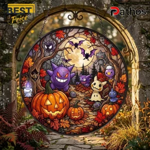 Halloween Cute Monster Stained Glass Suncatcher 4 Halloween Cute Monster Stained Glass Suncatcher featuring purple creatures, carved pumpkins, and autumn leaves in a circle.