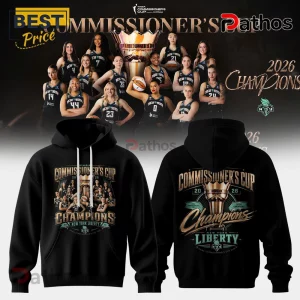Black hooded sweatshirt with 2026 WNBA Commissioner's Cup New York Liberty champions graphic print and gold trophy imagery.!
