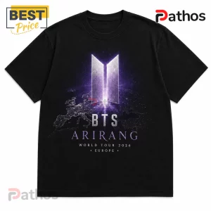 BTS Arirang World Tour 2026 Limited Edition T-Shirt 4 Black cotton t-shirt featuring a metallic BTS logo over a map of Europe with text reading BTS ARIRANG WORLD TOUR 2026.!