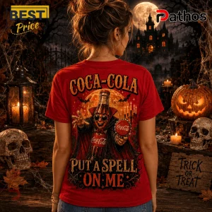 Coca-Cola Witch Bottle Halloween Red T-Shirt 4 Coca-Cola Witch Bottle Halloween Red T-Shirt featuring a vintage soda bottle character in a vampire cape under a moon.