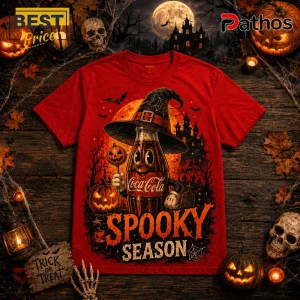 Coca-Cola Witch Bottle Halloween Red T-Shirt 1 Coca-Cola Witch Bottle Halloween Red T-Shirt featuring a glass bottle in a witch hat beside pumpkins and a spooky castle.