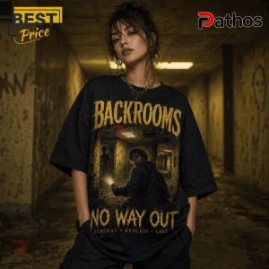 Backrooms Level 0 Endless Maze Horror T-Shirt 2 Black cotton t-shirt featuring Backrooms horror graphics with yellow distressed text and a dark, eerie hallway illustration.!