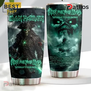 Iron Maiden Run For Your Lives 2026 tour stainless steel tumbler with green glowing pirate Eddie and world tour list.!