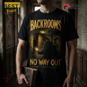 Backrooms Level 0 Endless Maze Horror T-Shirt 5 Black t-shirt featuring a Backrooms horror graphic with text reading No Way Out, Liminal, Endless, and Lost.!