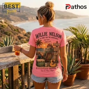 Willie Nelson Retro Sunset Pink T-Shirt 3 Pink t-shirt with back graphic of Willie Nelson, an acoustic guitar, a cooler, and a sunset beach scene.!