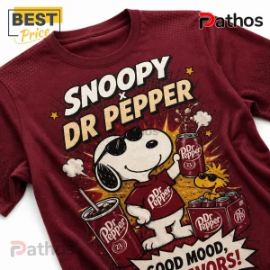 Snoopy x Dr Pepper Limited Edition Maroon T-Shirt featuring Snoopy in sunglasses holding a soda can with Woodstock.