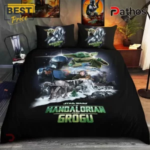 Star Wars The Mandalorian and Grogu bedding set featuring black polyester fabric with character prints and AT-AT walkers.!