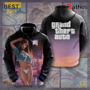Grand Theft Auto VI themed hoodie featuring anime style woman in bikini and tropical sunset back print.!