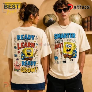 SpongeBob SquarePants Back to School Cream T-Shirt with SpongeBob and Patrick graphics on front and back.