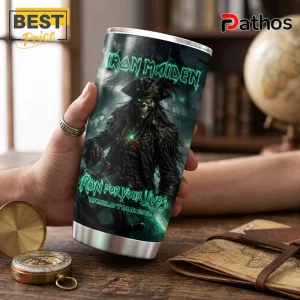 Iron Maiden Run For Your Lives 2026 stainless steel tumbler featuring Eddie the skeleton as a pirate captain.!
