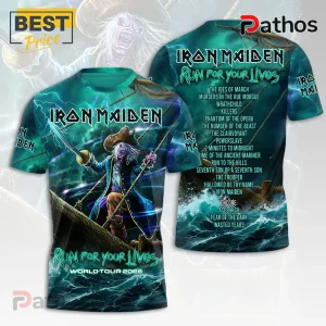 Iron Maiden Run For Your Lives t-shirt featuring Eddie as a pirate on a ship amidst a stormy teal ocean with tour dates.!