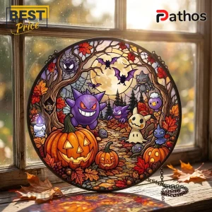 Halloween Cute Monster Stained Glass Suncatcher 3 Halloween Cute Monster Stained Glass Suncatcher featuring purple ghost characters, orange pumpkins, and fall foliage motifs.