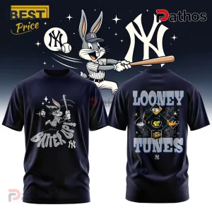 Looney Tunes x New York Yankees Navy Blue T-Shirt 2 Navy blue t-shirt with Bugs Bunny swinging a baseball bat, NY Yankees logo, and Looney Tunes character graphics.!