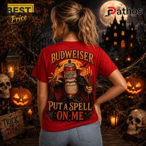 Budweiser Halloween Spooky Season Red T-Shirt 4 Budweiser Halloween Spooky Season Red T-Shirt featuring a vampire beer can graphic with Put A Spell On Me text.