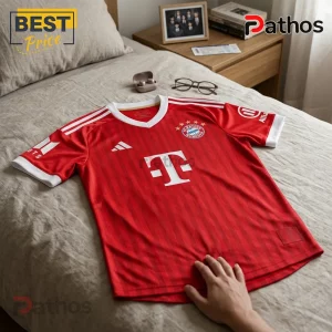 BTS x Bayern Munich RM 7 Red Football Jersey 1 Bayern Munich red soccer jersey with white stripes, T-Mobile sponsor logo, and five gold stars on a beige bedspread.!