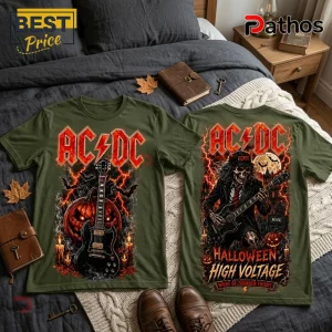 AC/DC High Voltage Pumpkin Skeleton T-Shirt featuring rock guitar graphics, lightning, and Halloween imagery on olive green.