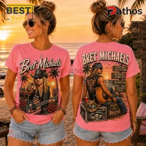 Pink t-shirt featuring front and back graphics of Bret Michaels with a guitar, palm trees, roses, and song titles.!