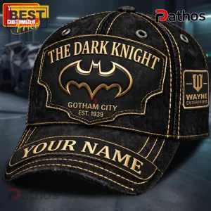 Batman The Dark Knight Gotham City personalized black cap with gold embroidery, Batman logo, and Wayne Enterprises patch.
