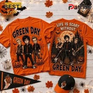 Green Day Life Is Scary Without Orange Halloween T-Shirt with cartoon band members, pumpkins, and a haunted castle graphic.