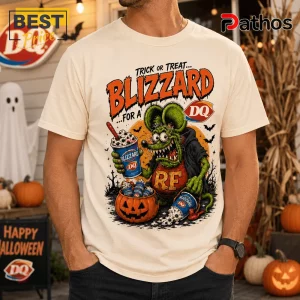 Rat Fink DQ Blizzard Halloween T-Shirt 3 Rat Fink DQ Blizzard Halloween T-Shirt features a green monster holding a Blizzard cup with pumpkins on a beige shirt.