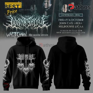 Black long-sleeve hoodie featuring white deathcore band logo on chest and spiked mace graphic with sleeve print.!
