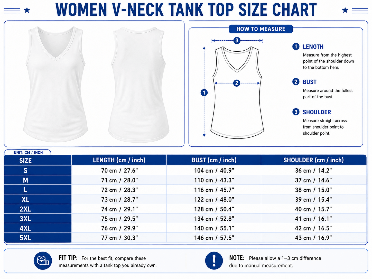 Women's V-Neck Tank Top Size Chart Guide