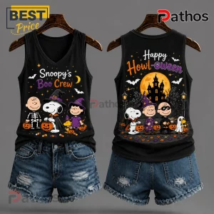 Snoopy Boo Crew Halloween Black V-Neck Tank Top showing Peanuts characters in costumes with pumpkins and haunted house art.