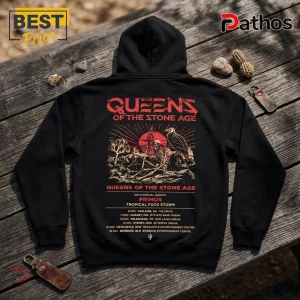 Queens of the Stone Age Desert Rock Australia Tour 2026 Hoodie 1 Black hooded sweatshirt with Queens of the Stone Age tour graphics including a skeleton, vulture, and concert dates.!