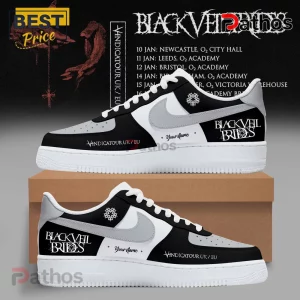 Black and white leather sneakers featuring Black Veil Brides logo, Vindicatour text, and custom name personalization fields.!