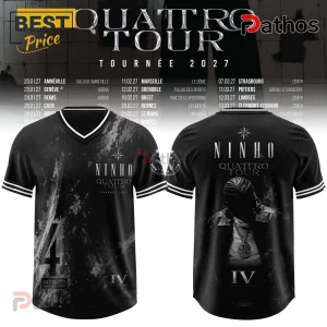 Black V-neck jersey featuring Ninho Quattro Tour 2027 graphics, concert dates, and Roman numeral IV branding.!