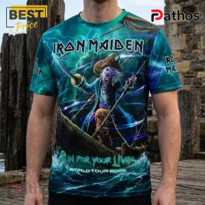 Iron Maiden graphic t-shirt featuring Eddie as a pirate on a ship with green lightning and Run For Your Lives text.!