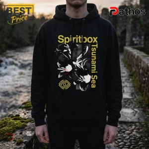 Black cotton hoodie with yellow Spiritbox Tsunami Sea text and abstract floral line art graphic on the front chest.!