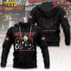 Motley Crue The Return of Carnival of Sins 2026 Tour hoodie in black with band photo and back tour date list.
