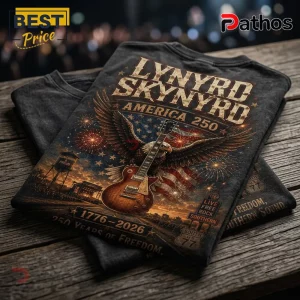 Lynyrd Skynyrd America 250 Eagle Flag T-Shirt 1 Lynyrd Skynyrd America 250 Eagle Flag T-Shirt featuring a bald eagle, American flag, electric guitar, and fireworks graphic.