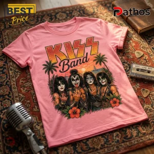 KISS Band Pink Retro Sunset T-Shirt 2 Pink cotton t-shirt featuring a retro KISS band graphic with palm trees, hibiscus flowers, and ocean sunset background.!