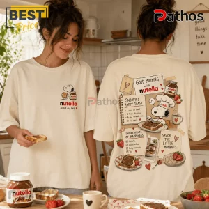 Off-white oversized t-shirt with Snoopy and Nutella graphic on chest and Snoopy recipe print on the back.!